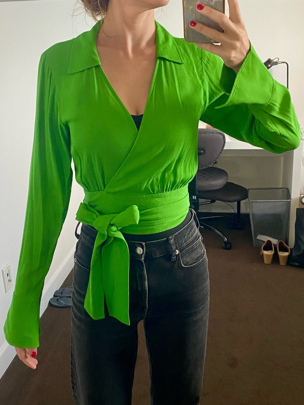 & Other Stores Green Wrap Around Tie Long Sleeve Blouse
